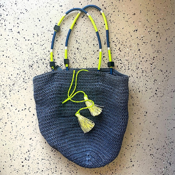NWOT JCREW “Navy Citron Straw Market Tote” - Picture 3 of 5